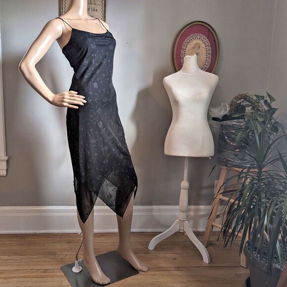 Vintage 90s Byer Too Black Midi Dress Cocktail Floral Glitter Whimsygoth Size S - Picture 3 of 13
